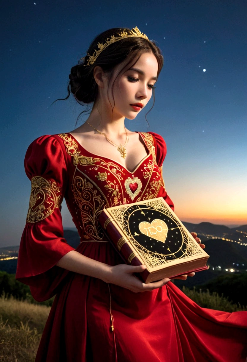 A woman in a love themed red dress with loads of intricate gold love embroidery, carrying a tome, on a hill top, two astrological sign light up brightly in the skies with the connective lines, night
