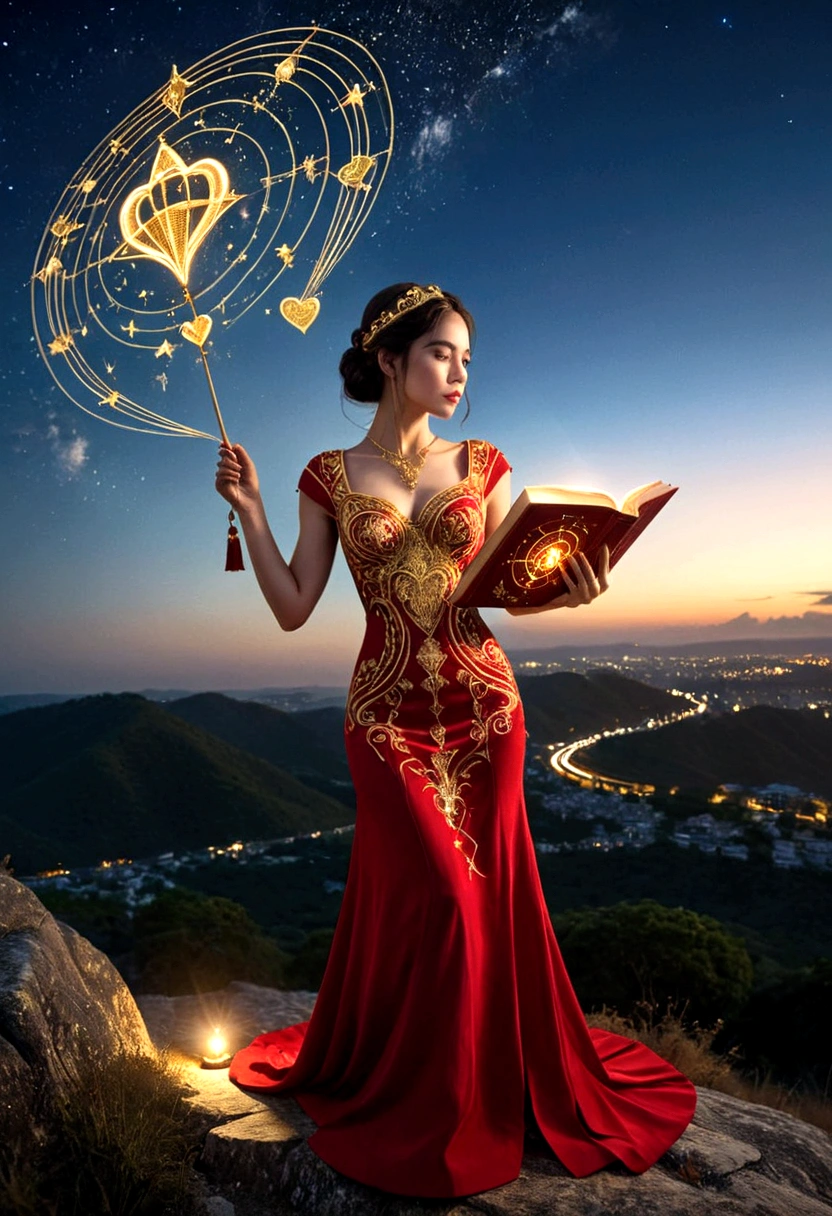 A woman in a love themed red dress with loads of intricate gold love embroidery, carrying a tome, on a hill top, two astrological sign light up brightly in the skies with the connective lines, night
