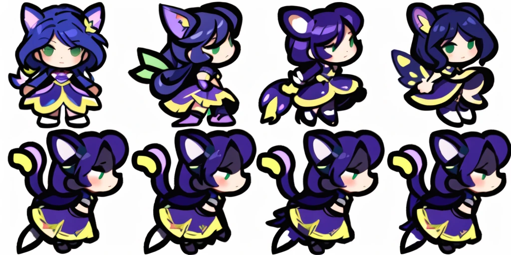 a close up of a cartoon character with different poses, spritesheet, sprite sheet, with familiar sprites, sprites, fairy girl, morgana, default pose neutral expression, twirling, sprite 2 d, shady, green fairy, smol, multiple poses, cute chibi, kawaii