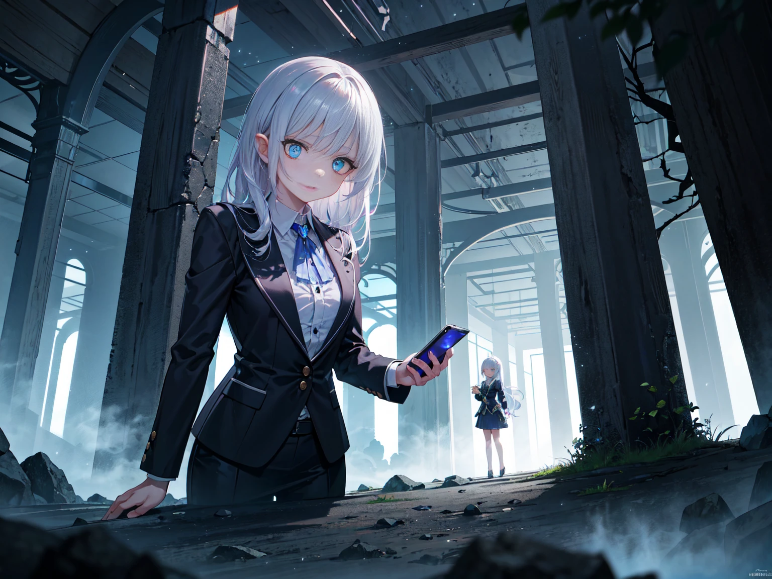 absurdres, (masutepiece:0.7), (best quality:1.3), 8k, 4k, (ultra-detailed, sharp focus:1.3), magical realism, girlish & feminine, (little scared:1.5), 1girl, (extremely detailed beautiful eyes and face, beautiful long eyelashes, beautiful detailed lips, an office lady in a suit), talking on a smartphone, exploring a creepy dungeon, stone walls, flickering torchlight, magic glowing crystals, fog effects, elegant and dramatic pose, dramatic lighting, cinematic composition, fantasy dungeon environment, intricate details, vibrant colors,