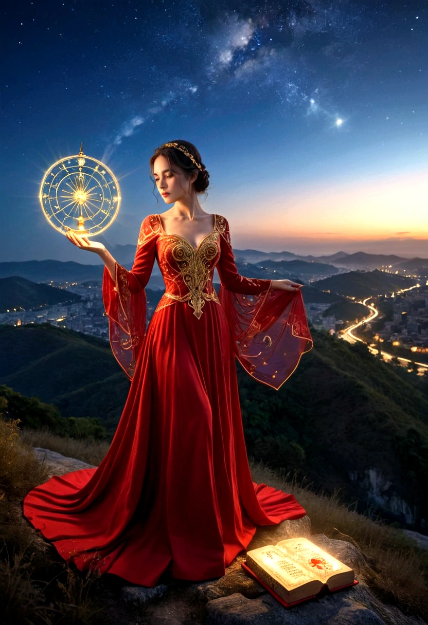 A woman in a love themed red dress with loads of intricate gold love embroidery, carrying a tome, on a hill top, two astrological sign light up brightly in the skies with the connective lines, night