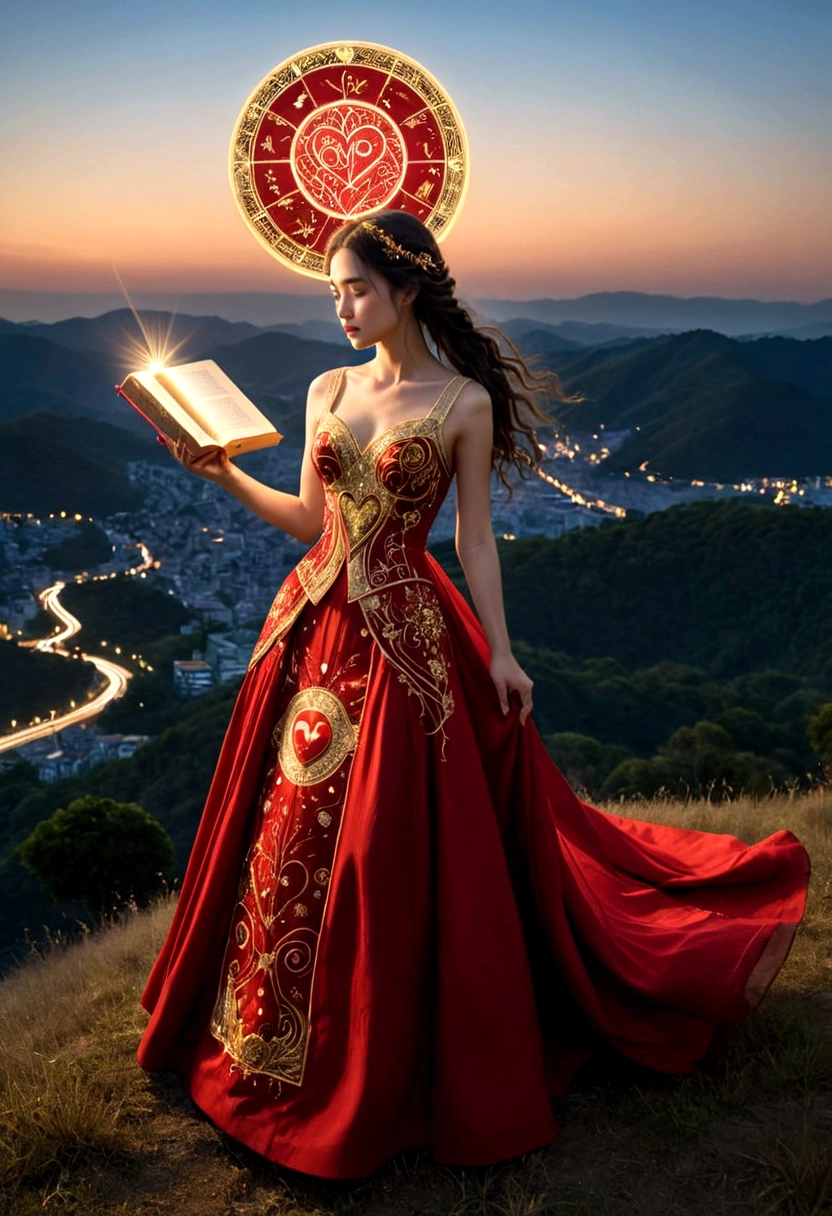 A woman in a love themed red dress with loads of intricate gold love embroidery, carrying a tome, on a hill top, two astrological sign light up brightly in the skies with the connective lines, night