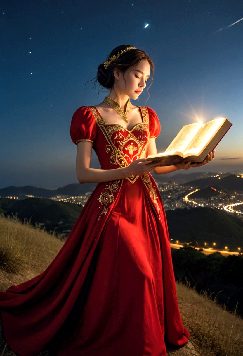 A woman in a love themed red dress with loads of intricate gold love embroidery, carrying a tome, on a hill top, two astrological sign light up brightly in the skies with the connective lines, night