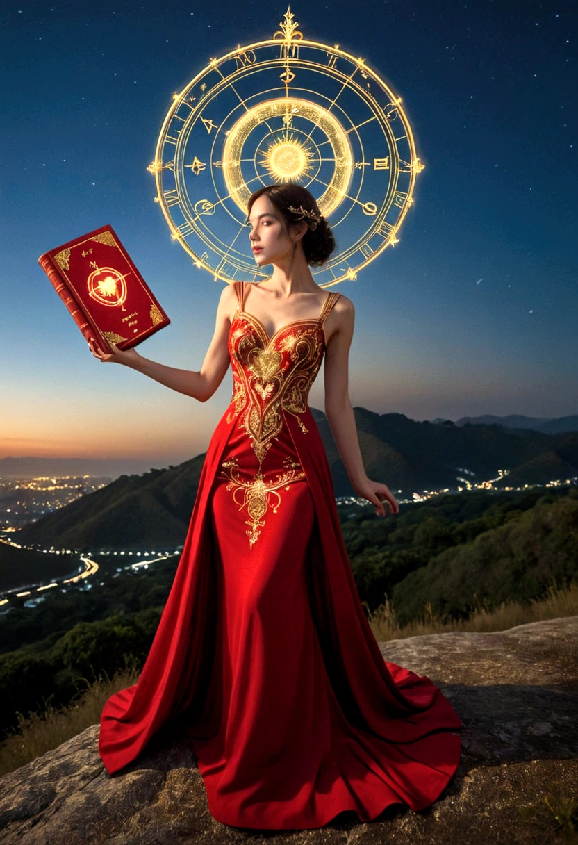 A woman in a love themed red dress with loads of intricate gold love embroidery, carrying a tome, on a hill top, two astrological sign light up brightly in the skies with the connective lines, night
