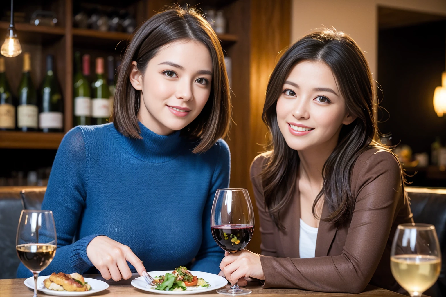 ((Highest quality、8K、masterpiece:1.3))、slimカップル、modelカップル、(Realistic, Intricate details:1.2), full-course dinner、Wine Party、Amazing view of the sunset sky and clouds、A bright smile、The wonderfulness of smile、Bright image、The beauty of wine, Beautiful Face, blue eyes, The light shines on your face, Blushing, short hair,Bright Face、 (Age 37), 39 years old, red wine 、Appetizers、Italian food、Wine bottle、Champagne、sparkling wine、Two beauties、Brown Hair、Shortcuts、Long sleeve shirt、dress、Beautiful woman 1, (slimな顔), (The body is slim), (Brown Hair), (Shortcuts), cheeks turn a little red,Attractive beauty、restaurant, In a prominent place (From the waist up) Nova Frog Style, actress, model, Upper Body, White wine, slim, wine glass, 中央に置かれたwine glass, smile, (smile: 1.15), Beautiful fine grain, Depth f/2,saturation, High Contrast, Strong light and shadow,Moist Body:1.5、3D texture、Delicate eyes、Brown Hair、The hair is very shiny、