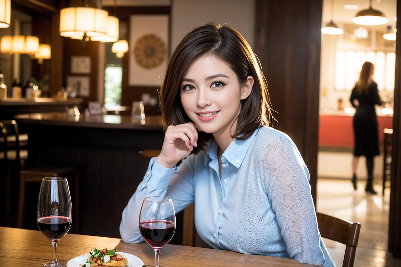 ((Highest quality、8K、masterpiece:1.3))、slimカップル、modelカップル、(Realistic, Intricate details:1.2), full-course dinner、Wine Party、Amazing view of the sunset sky and clouds、A bright smile、The wonderfulness of smile、Bright image、The beauty of wine, Beautiful Face, blue eyes, The light shines on your face, Blushing, short hair,Bright Face、 (Age 37), 39 years old, red wine 、Appetizers、Italian food、Wine bottle、Champagne、sparkling wine、Two beauties、Brown Hair、Shortcuts、Long sleeve shirt、dress、Beautiful woman 1, (slimな顔), (The body is slim), (Brown Hair), (Shortcuts), cheeks turn a little red,Attractive beauty、restaurant, In a prominent place (From the waist up) Nova Frog Style, actress, model, Upper Body, White wine, slim, wine glass, 中央に置かれたwine glass, smile, (smile: 1.15), Beautiful fine grain, Depth f/2,saturation, High Contrast, Strong light and shadow,Moist Body:1.5、3D texture、Delicate eyes、Brown Hair、The hair is very shiny、