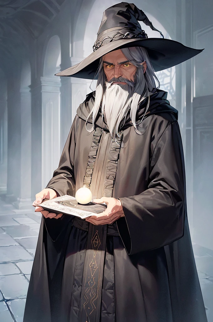 (masterpiece; best quality: 1.2), (finely detailed eyes: 1.3), ((70 year old man)), ((solo)), (yellow eyes: 1.4), (body; attractive, lean, mature: 1.3), (long gray hair + beard: 1.3), (beautiful and clear background: 1.2), ((depth of field)), (equipment: traveler mage dark robe + dark pointed hat + dark cloak: 1.3), (anime illustration: 1.2), (background composition; palace garden exterior: 1.1), (extremely fine and handsome: 1.1), (shot composition; standing + centered on torso + close-up: 1.5), (expression; calm, smile: 1.2)