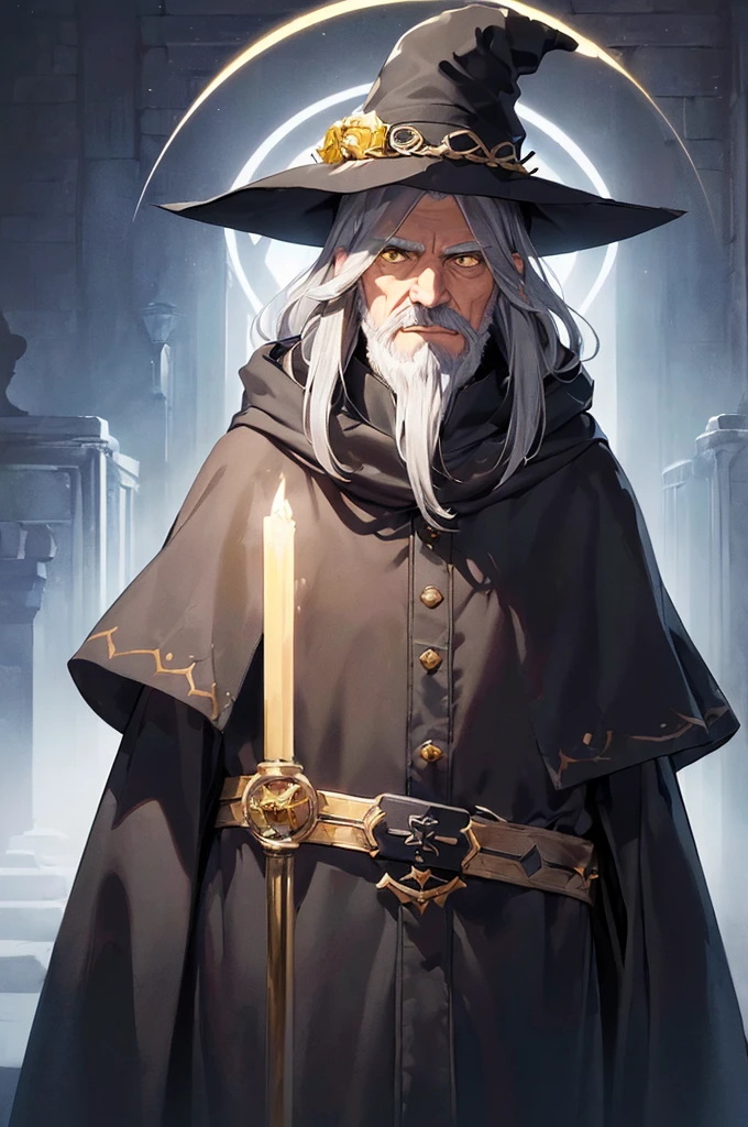 (masterpiece; best quality: 1.2), (finely detailed eyes: 1.3), ((70 year old man)), ((solo)), (yellow eyes: 1.4), (body; attractive, lean, mature: 1.3), (long gray hair + beard: 1.3), (beautiful and clear background: 1.2), ((depth of field)), (equipment: traveler mage dark robe + dark pointed hat + dark cloak: 1.3), (anime illustration: 1.2), (background composition; palace garden exterior: 1.1), (extremely fine and handsome: 1.1), (shot composition; standing + centered on torso + close-up: 1.5), (expression; calm, smile: 1.2)