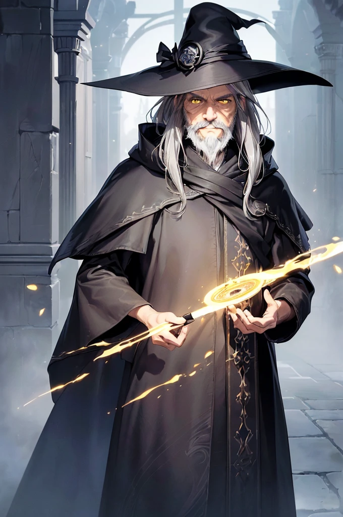 (masterpiece; best quality: 1.2), (finely detailed eyes: 1.3), ((70 year old man)), ((solo)), (yellow eyes: 1.4), (body; attractive, lean, mature: 1.3), (long gray hair + beard: 1.3), (beautiful and clear background: 1.2), ((depth of field)), (equipment: traveler mage dark robe + dark pointed hat + dark cloak: 1.3), (anime illustration: 1.2), (background composition; palace garden exterior: 1.1), (extremely fine and handsome: 1.1), (shot composition; standing + centered on torso + close-up: 1.5), (expression; calm, smile: 1.2)