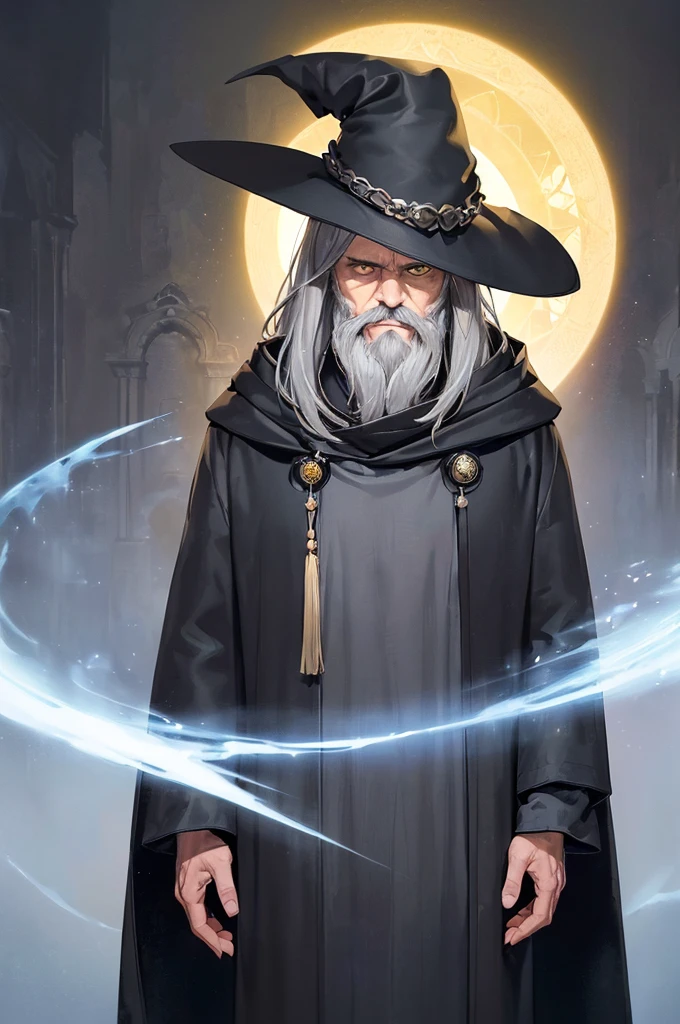 (masterpiece; best quality: 1.2), (finely detailed eyes: 1.3), ((70 year old man)), ((solo)), (yellow eyes: 1.4), (body; attractive, lean, mature: 1.3), (long gray hair + beard: 1.3), (beautiful and clear background: 1.2), ((depth of field)), (equipment: traveler mage dark robe + dark pointed hat + dark cloak: 1.3), (anime illustration: 1.2), (background composition; palace garden exterior: 1.1), (extremely fine and handsome: 1.1), (shot composition; standing + centered on torso + close-up: 1.5), (expression; calm, smile: 1.2)
