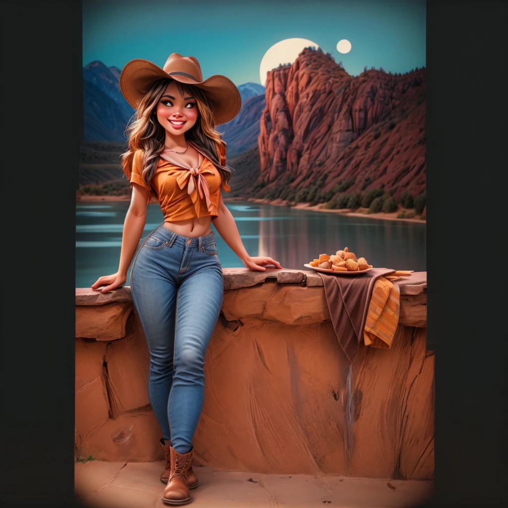 25yo girl gorgeous, courageous girl smiles sweetly seductively,
bathing naked in a dessert lake, laying on the ground is a North American cowboy costume, a cowboy hat, a neckerchief, jeans, cowboy boots,
(a saddle on a strong powerful black horse:1,5),
look at the viewer,
(against the backdrop of the foothills of the beautiful high rocky mountains of north america, 
general plan wide shot:1,5),
cartoon illustration, vivid colours, Ultra detailed, high resolution, UHD, 8k, ((best quality, masterpiece:1.2), ultra-detailed, realistic, HDR, top view, cowboy shot, dramatic strong lighting,