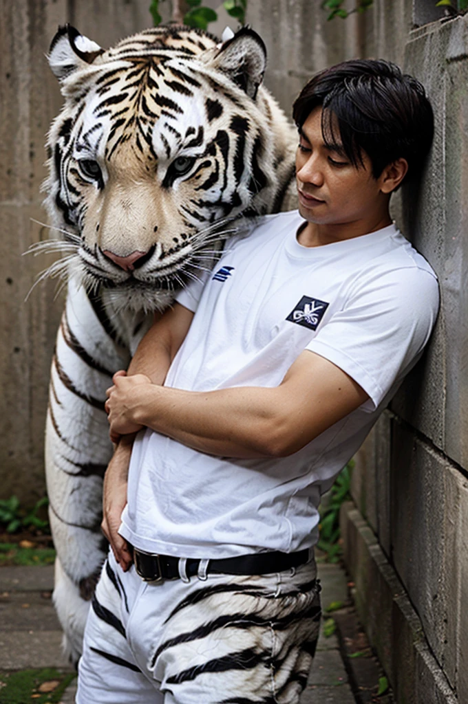 1 man beside white Tiger 