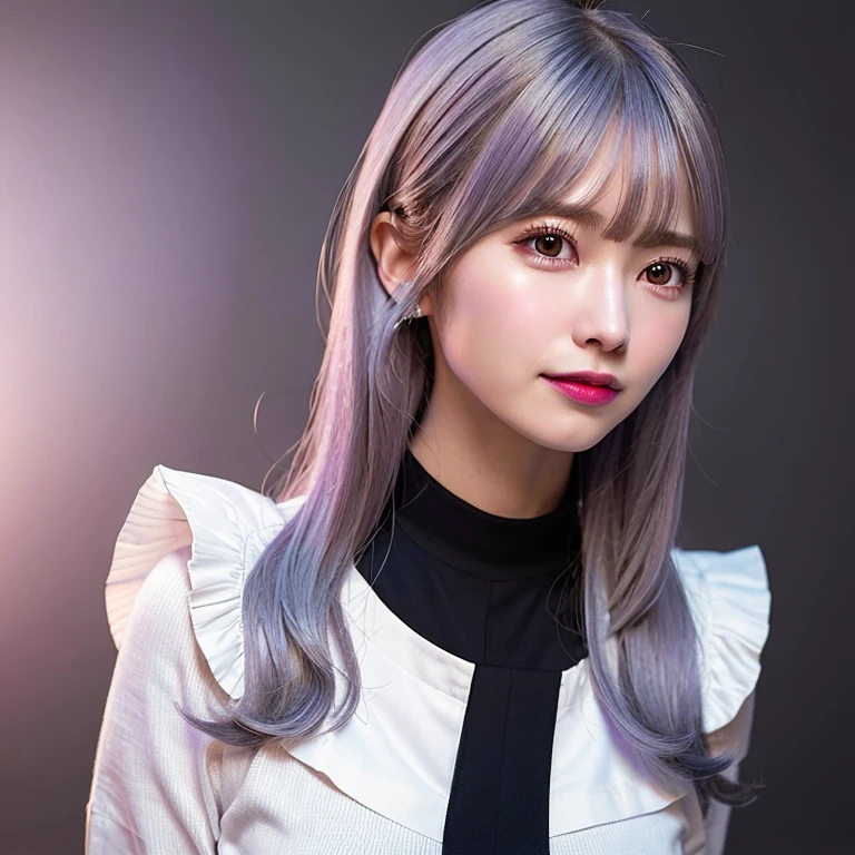 One girl,Beautiful vintage colors, Instagram (photoRealistic, High resolution:1.4), ((Puffy eyes)), View your viewers, , whole body (8K, RAW Photos, Highest quality, masterpiece:1.2), (Realistic, photo-Realistic:1.37),(Sharp focus:1.2), Professional Lighting, Photon Mapping, Radio City, Physically Based Rendering, (Pale skin:1.2),(Small breasts:1.2), View your viewers, (Mid-length hair:1.5), Portraiture, Purple eyes, (Silver Hair:1.1),bangs, (Simple Background:1.4), alone, Upper Body, Realistic,(masterpiece:1.4),(Highest quality:1.4),(Shiny skin),Fashionable Girl,compensate,smile(skinny,Mouth closed,shy :1.3) ,(Are standing,Black stewardess uniform,Necromancer:1.1),Medium Bust,Sexy pose ,