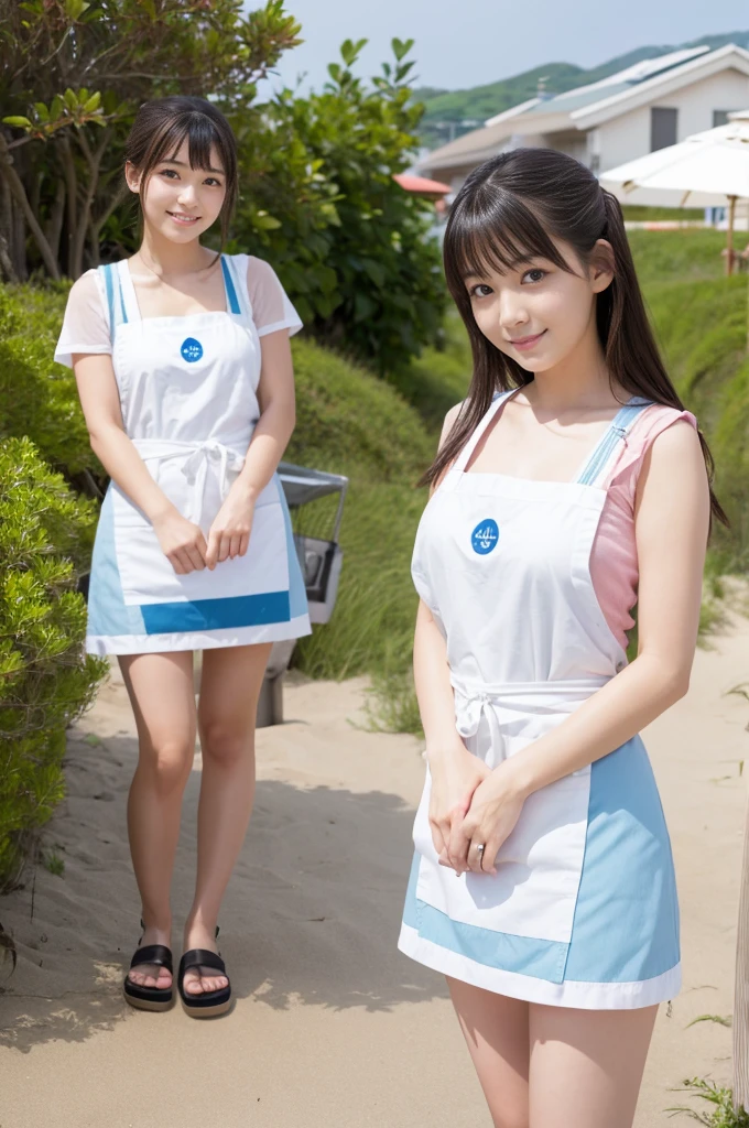 Pretty 22 year old woman(Japanese face)Wearing an apron and a super miniskirt、Being at the beach house。