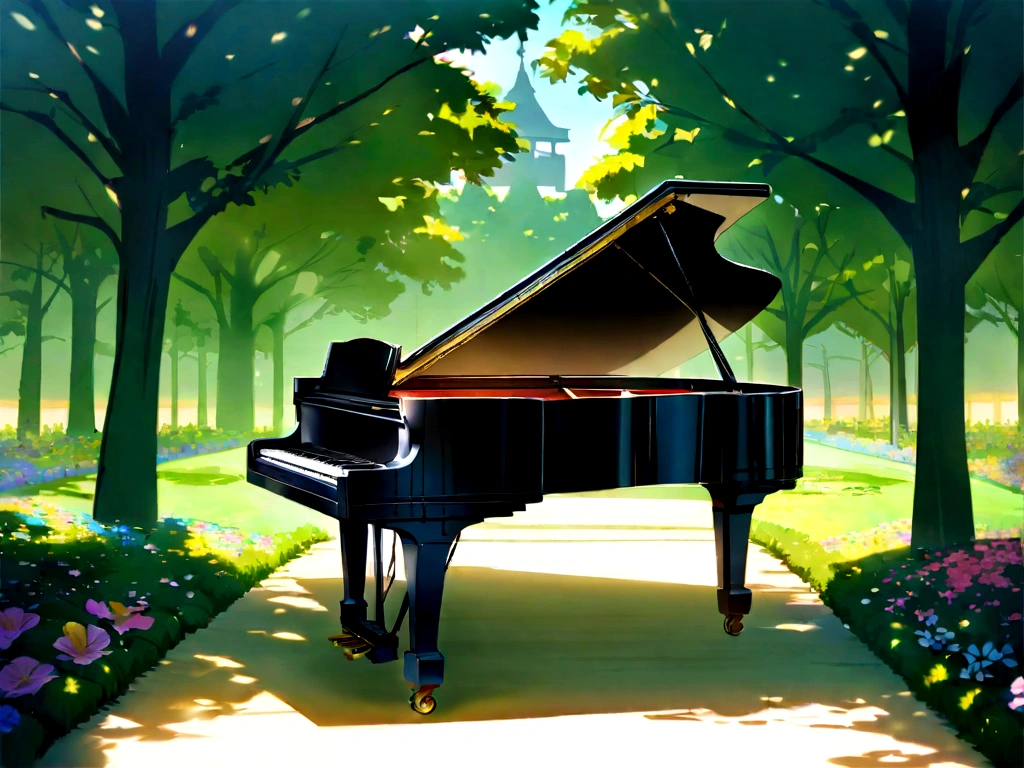 "A high-quality image of a black grand piano with its lid open, showcasing the intricate inner workings of the instrument. The piano is positioned against a plain white background, emphasizing its elegant and glossy finish. The brand"A beautiful scene featuring a black grand piano with its lid open, placed in a serene, sunlit park. The background shows lush green trees, colorful flowers, and a clear blue sky with a few modern buildings visible in the distance. The piano is positioned on a pathway, and the lighting creates a warm, inviting atmosphere with soft shadows. The overall mood is peaceful and inspiring, combining nature with urban elements."