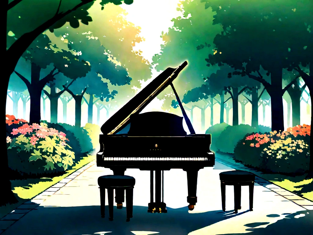"A high-quality image of a black grand piano with its lid open, showcasing the intricate inner workings of the instrument. The piano is positioned against a plain white background, emphasizing its elegant and glossy finish. The brand"A beautiful scene featuring a black grand piano with its lid open, placed in a serene, sunlit park. The background shows lush green trees, colorful flowers, and a clear blue sky with a few modern buildings visible in the distance. The piano is positioned on a pathway, and the lighting creates a warm, inviting atmosphere with soft shadows. The overall mood is peaceful and inspiring, combining nature with urban elements."