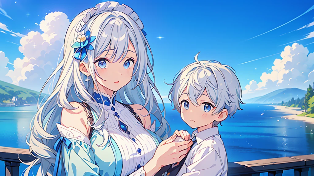 (((Mother and son)))、((Highest quality、Masterpiece、Official Art、The best dynamic composition))、My son is a newborn baby.、They both have a mixture of blue and white hair.、She is happily stroking the baby&#39;s cheek.、Heartwarming、happiness、A sparkling world、