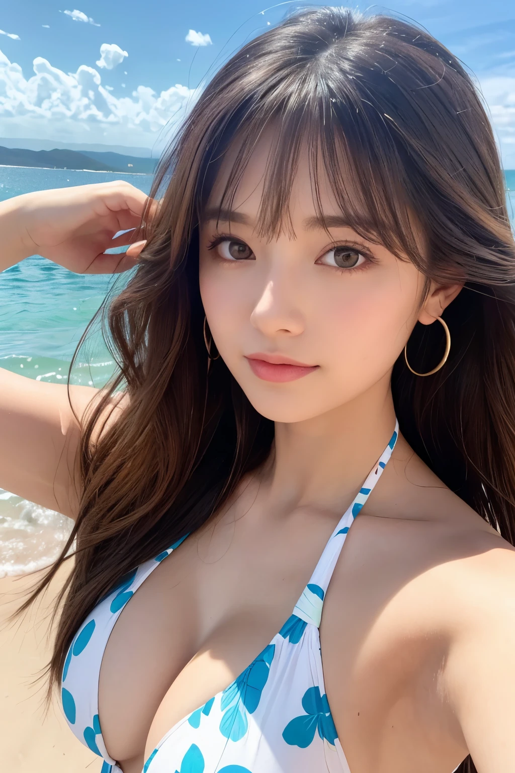 A beautiful young woman is posing on a beach with waves in the background. She has long, straight brown hair with bangs that frame her face. Her skin is fair and smooth, with a light natural makeup look. She is wearing a white bikini with a floral pattern in pink and blue. The top is a halter style that accentuates her figure, and the bottom is a matching set. Water droplets are visible on her hair and body, suggesting she has just come out of the water. She is holding her hair back with one hand and looking directly at the camera with a gentle, inviting expression. The lighting is bright and natural, highlighting her features and the vibrant colors of the beach scene. The ocean is a clear blue-green, and the sky is a bright blue with a few scattered clouds.