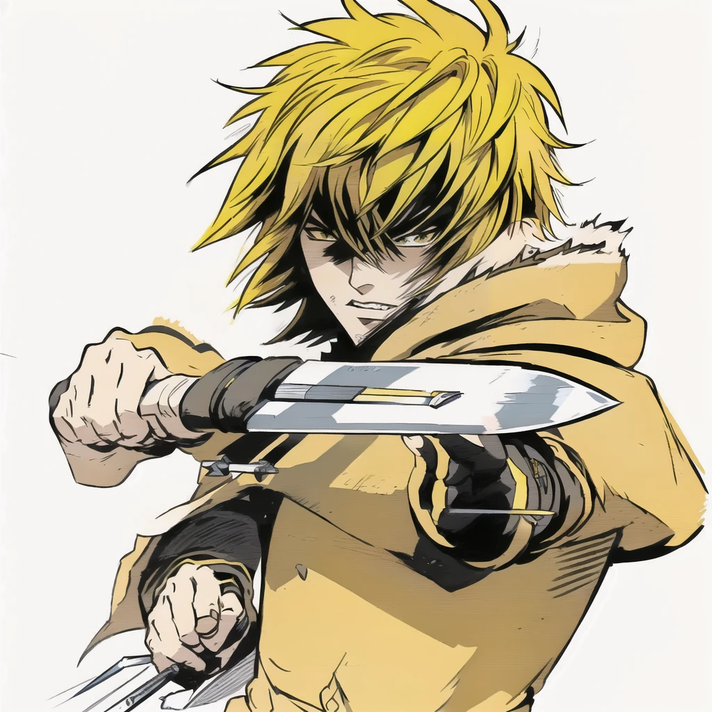 anime character with yellow hair holding a knife in his hand, kentaro miura manga art style, portrait of ninja slayer, key anime art, high quality colored sketch, striking manga artstyle, badass pose, best anime character design, advanced digital anime art ”, ichigo kurosaki, dio brando, genos, shigenori soejima illustration, trigger anime artstyle, thorfinn