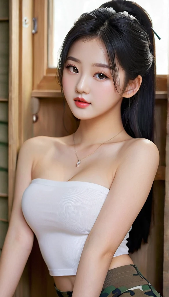 close-up of beautiful Chinese, Ningning is a AESPA South Korean pop girl group, age 18 years old girl, youthful face, perfect body, white body skin, very rapunzel long hair, standard black hair, straight hair, 32 inches breasts size, wearing a plain standard light white strapless tube top, wearing a tight camouflage mini short leggings, Ningning holding breasts with her own two hands is very sexy and sigh, Ningning squeezes the breasts very seductively, Ningning lowered her strapless tube top a little bit, sexy looking pose, pose a naughty look, pose looks seductive, at the female-only military bedroom camp, female-only military bedroom camp background, UHD
