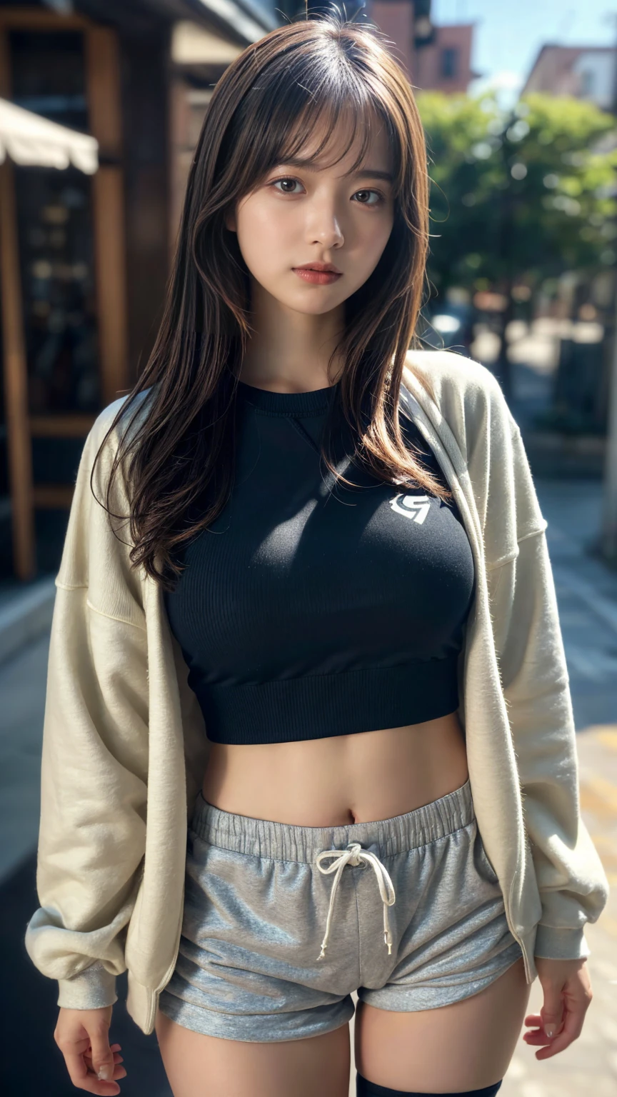 Innocent  girl、((Random color oversized sweatshirt,random shorts,Reduce visible area of shorts,dramatic pose)),cute face,bright eyes,tear bag,shortcut,Cafe background,RAW photo, (8K、highest quality、masterpiece:1.2)、(intricate details:1.4)、(realistic:1.4)、octane rendering、Intricate 3D rendering Super detaileded, soft light in the studio, rim light, vivid details, Super detailed, realistic skin texture, face, beautiful detailed eyes, Highly detailed CG Unity 16k wallpaper, compensate, (detailed background:1.2), shiny skin, whole body、large breasts, Draw from head to foot,((stand,Thighs are visible))