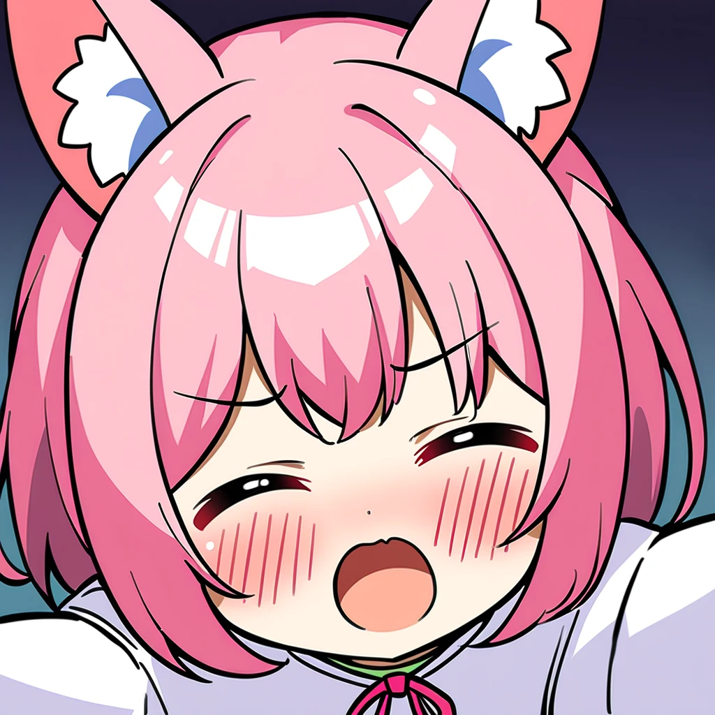 Top quality, masterpiece, chibi character, animal ear girl, pink hair, eyes closed, mouth wide open and screaming, blushing, face close to the front