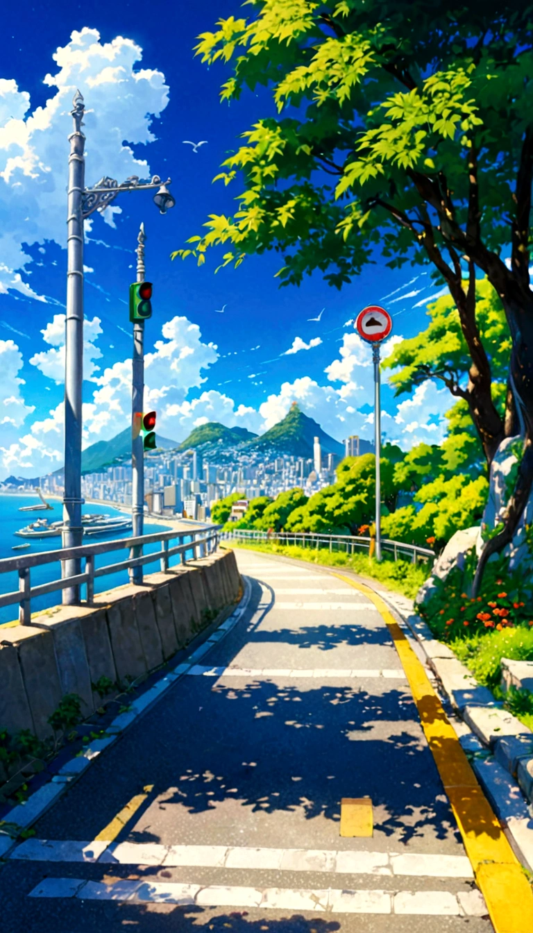 A painting depicting a waterside street, Traffic light on pole, rio de janeiro in an Japanese Manga film, Japanese Manga. author：Xin Haicheng, Japanese Manga landscape, author：Xin Haicheng, author：Xin Haicheng, Japanese Manga landscape wallpaper, Japanese Manga scenery, hd Japanese Manga cityscape, Xin Haicheng和 (cain kuga), Xin Haicheng&#39;style, high resolution, Uhigh resolution, high resolutionR, 3.20 thousand,1:1