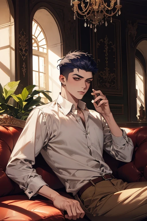 (1 person)((mtu :1.2))((Mysterious man)), (Sit on a red leather sofa), Sven style,A man like Yang Jian,(((Hair combed back,The hair on both sides is combed back,damp hair,extremely short hair))), The best ratio of four fingers to one thumb, (Holding a complete and perfect wine glass in his hand),((white shirt)),Black eyes, fantasy, Dark fantasy, Perfect hand, fantasy, romatic, Kravyod, (Architecture of the Baroque period), In the classic bar, Best light and shadow