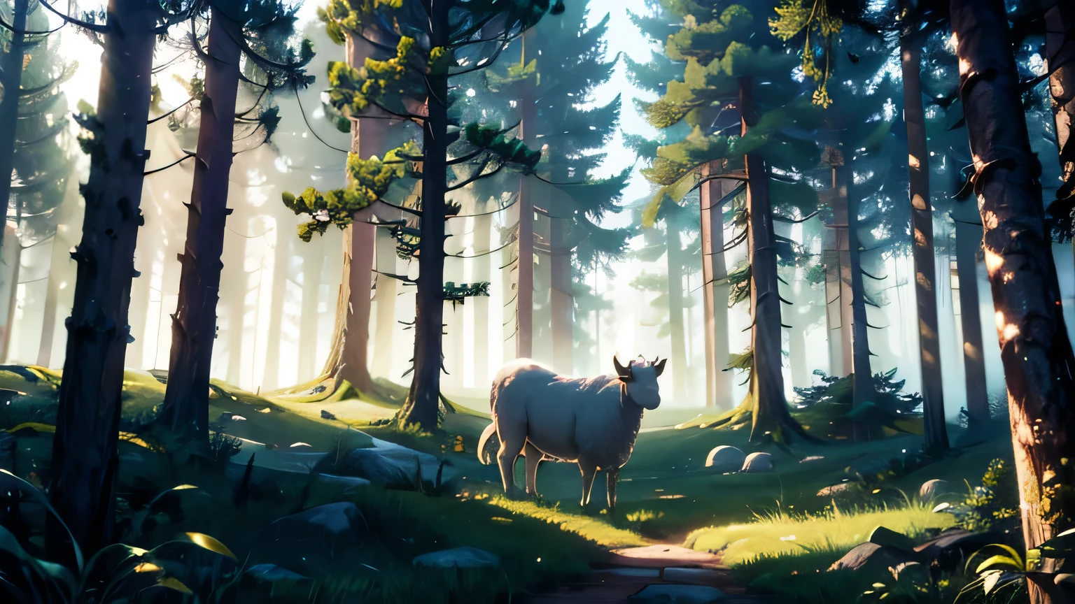 WHITE SHEEP LOST AND DESPERATE in a dark and mysterious DENSE forest, at night, motion scene in the forest, changing lighting, hyper-realistic lighting, cinematic