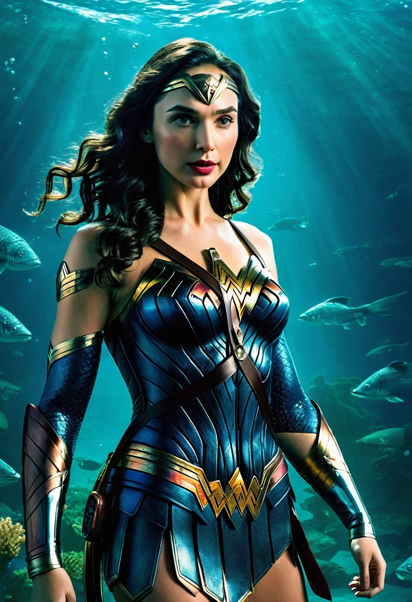 (((Very close-up GAL Gadot under the mantle of the Amazon warrior Wonder Woman Diaema Wonder Woman Underwater Suit Wonder Woman TV series 70s front images images color Splash))),(((Underwater blue suit with Wonder Woman stars)))