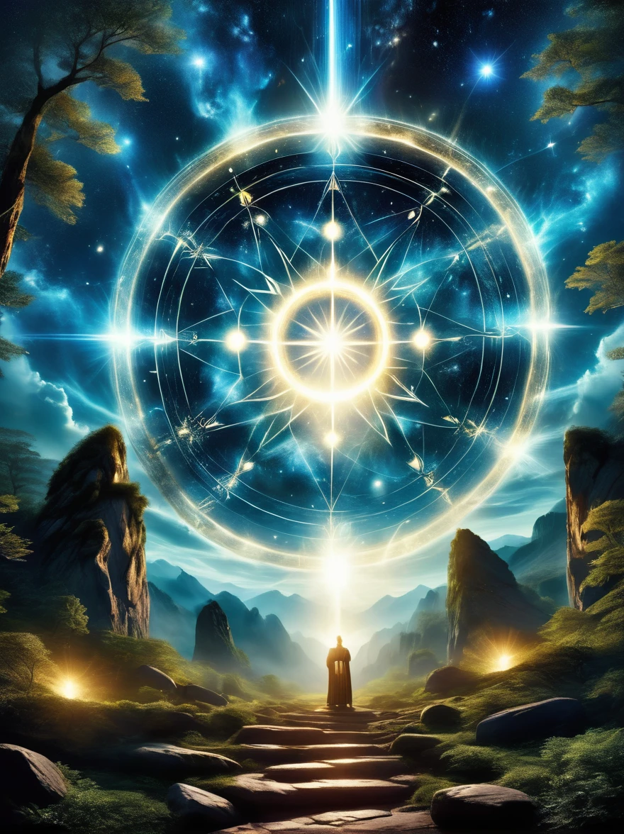 (Dark Fantasy),(Ultra wide angle),In an ancient forest wasteland, The ancient stone magic circle predates all recorded history. It is composed of countless huge rocks, Each one has signs of erosion., Arranged into a perfect six-pointed star,Point to each constellation, As if connected to the power of the universe. At its center, The ground is engraved with complex runes and mysterious patterns.,In the moonlight, the light is blue, As part of the summoning ritual,It is also a container of power., Peak electricity consumption at night. The surrounding forest seemed to avoid, The branches are curved,Whisper. When the stars align on a special night, The energy of the sky resonates with the runes of the circle, Slowly open a crack,Inside is a creature with eyes like burning coals, Made of darkness and fear, Get out, Every step you take,The earth will tremble. This scene depicts a mysterious and dangerous moment,An ancient magic circle summons an entity under the watchful eyes of the ancient forest.,(masterpiece,best quality,Ultra HD,Extremely detailed,illumination)