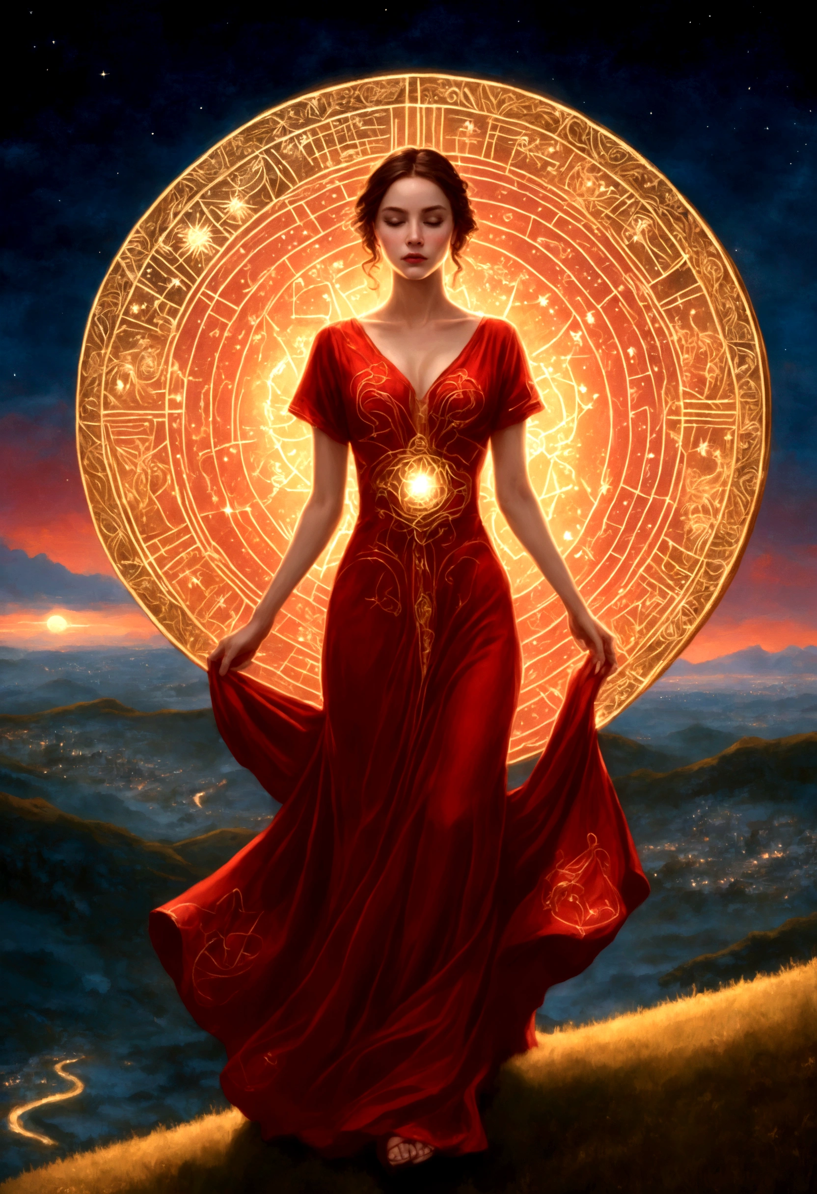 A woman in a love themed red dress with loads of intricate gold love embroidery, carrying a tome, on a hill top, two astrological sign light up brightly in the skies with the connective lines, night
