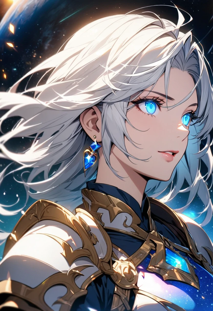 Girl, pretty, armor, white hair, blue eyes, glowing eyes, universe, diamond earing, mature beauty, highest quality, adult