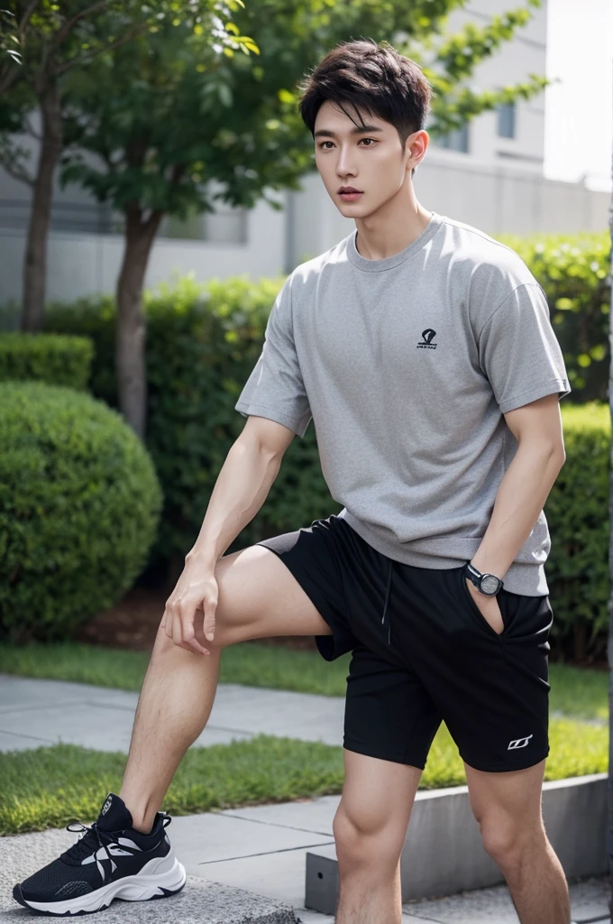 Short Hair、Height: about 180 cm、Muscular body type、male、Healthy skin tone、Black T-shirt、Grey sweatshirt、White sports running shoes、Sports watches and simple watches、Black waist pouch、Contemporary sporty style、garden、 whole body