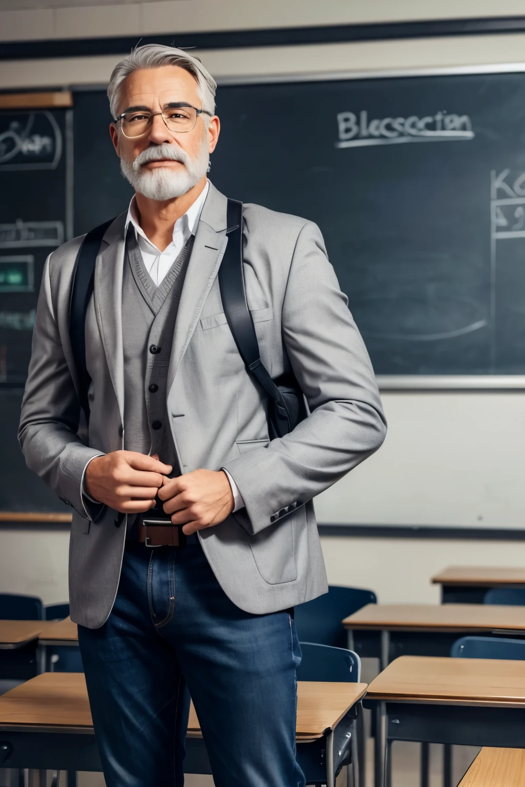 Teacher with gray hair dressed in sports jacket, jeans pants casual shoes, gray beard and mustache and carrying a briefcase in his right hand, and with the left hand writing on a blackboard the mathematics class and many students attentive to the teacher's explanation. The teacher must be Latino and have a stylish haircut
