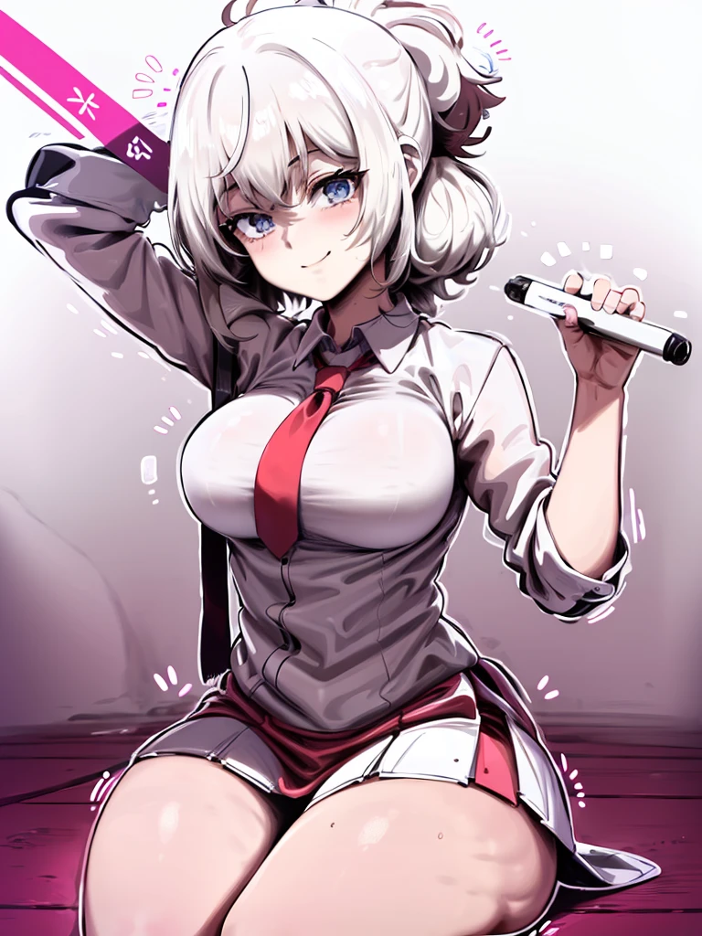 masterpiece, best quality, ultra-detailed, illustration,1girl, white hair, short ponnytail hairstyle, White school shirt, Red tie, Red short skirt, blush, big breasts, Big thigh, White stockings, looking at viewer, simple background, solo, very sexy pose sitting on the floor, white background, sweet smiling expression, carrying a notebook in his hand