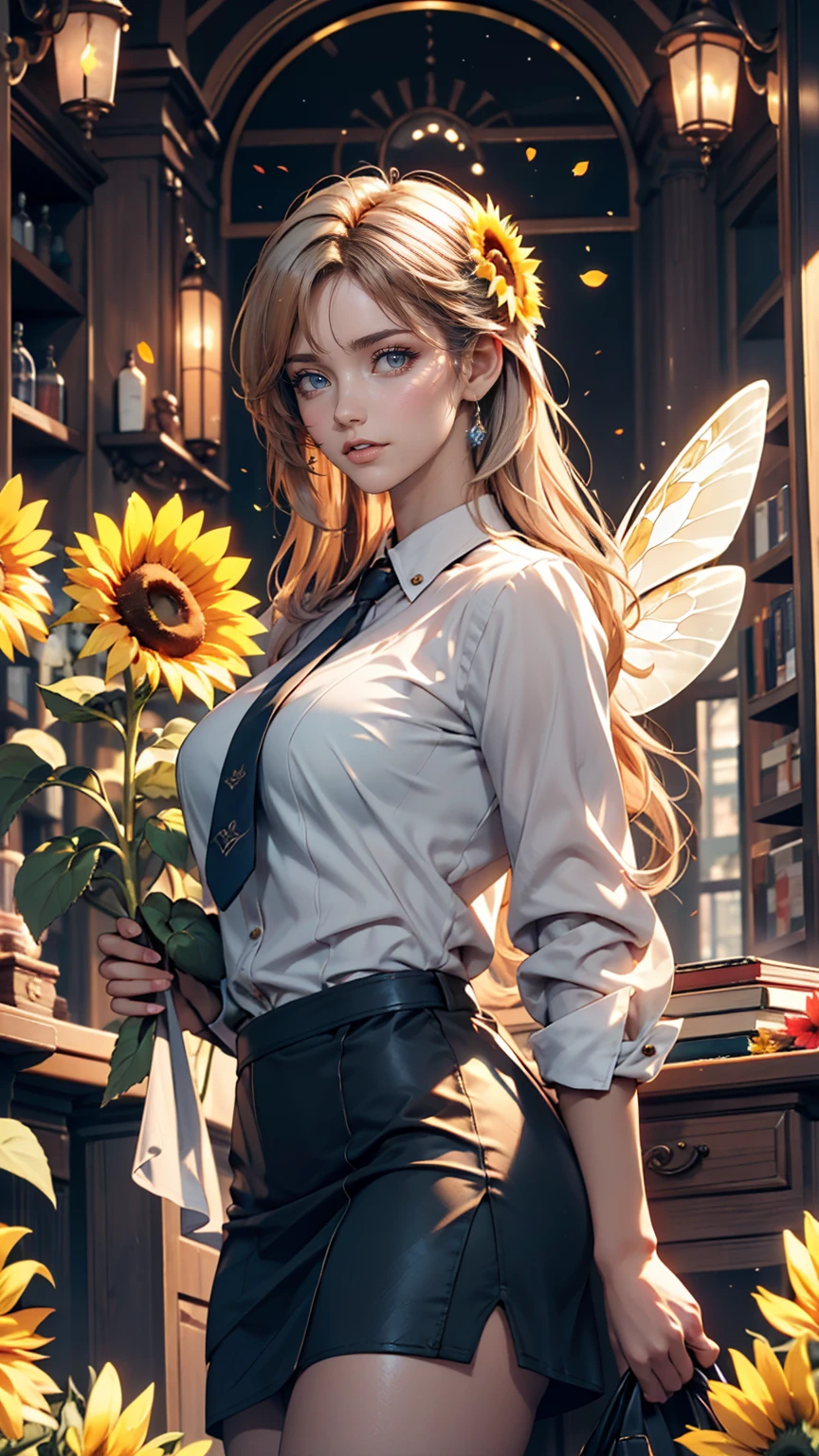 Attention to detail, Highest quality, 16K, born, [Most detailed], masterpiece, Highest quality, (Very detailed), Shining Rune_red, whole body, Ultra Wide Shot, Realistic, Fantasy art, RPG Art, d&D art, a picture of a fairy selling sunflower in a florist shop, Very beautiful fairy, Ultra-feminine (intense details, masterpiece, Highest quality), Butterfly Wings (intense details, masterpiece, Highest quality), Blue and green wings (intense details, masterpiece, Highest quality), Light pink hair, Long Hair, Shiny Hair, Flowing Hair, はにかんだsmile, 無邪気なsmile, blue eyes, Wearing a brightly colored skirt, Dynamic and elegant shirt, impact, Wearing high heels, In the florist (intense details, masterpiece, Highest quality), very many (sunflower: 1.3) (intense details, masterpiece, Highest quality), 現代の街並みにあるsunflower屋さん, High detail, super high quality, High resolution, 16K resolution, Ultra Hd Pictures, Ultra-realistic, Clear details, Realistic detail, Ultra High definition、24-year-old female、Sexy proportions、Sexy、adult、erotic、smile、Long eyelashes