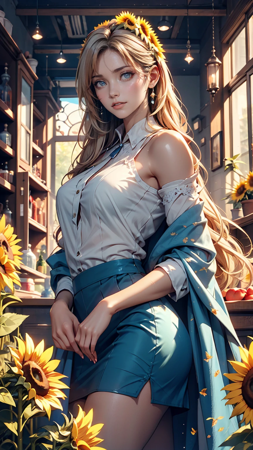 Attention to detail, Highest quality, 16K, born, [Most detailed], masterpiece, Highest quality, (Very detailed), Shining Rune_red, whole body, Ultra Wide Shot, Realistic, Fantasy art, RPG Art, d&D art, a picture of a fairy selling sunflower in a florist shop, Very beautiful fairy, Ultra-feminine (intense details, masterpiece, Highest quality), Butterfly Wings (intense details, masterpiece, Highest quality), Blue and green wings (intense details, masterpiece, Highest quality), Light pink hair, Long Hair, Shiny Hair, Flowing Hair, はにかんだsmile, 無邪気なsmile, blue eyes, Wearing a brightly colored skirt, Dynamic and elegant shirt, impact, Wearing high heels, In the florist (intense details, masterpiece, Highest quality), very many (sunflower: 1.3) (intense details, masterpiece, Highest quality), 現代の街並みにあるsunflower屋さん, High detail, super high quality, High resolution, 16K resolution, Ultra Hd Pictures, Ultra-realistic, Clear details, Realistic detail, Ultra High definition、24-year-old female、Sexy proportions、Sexy、adult、erotic、smile、Long eyelashes