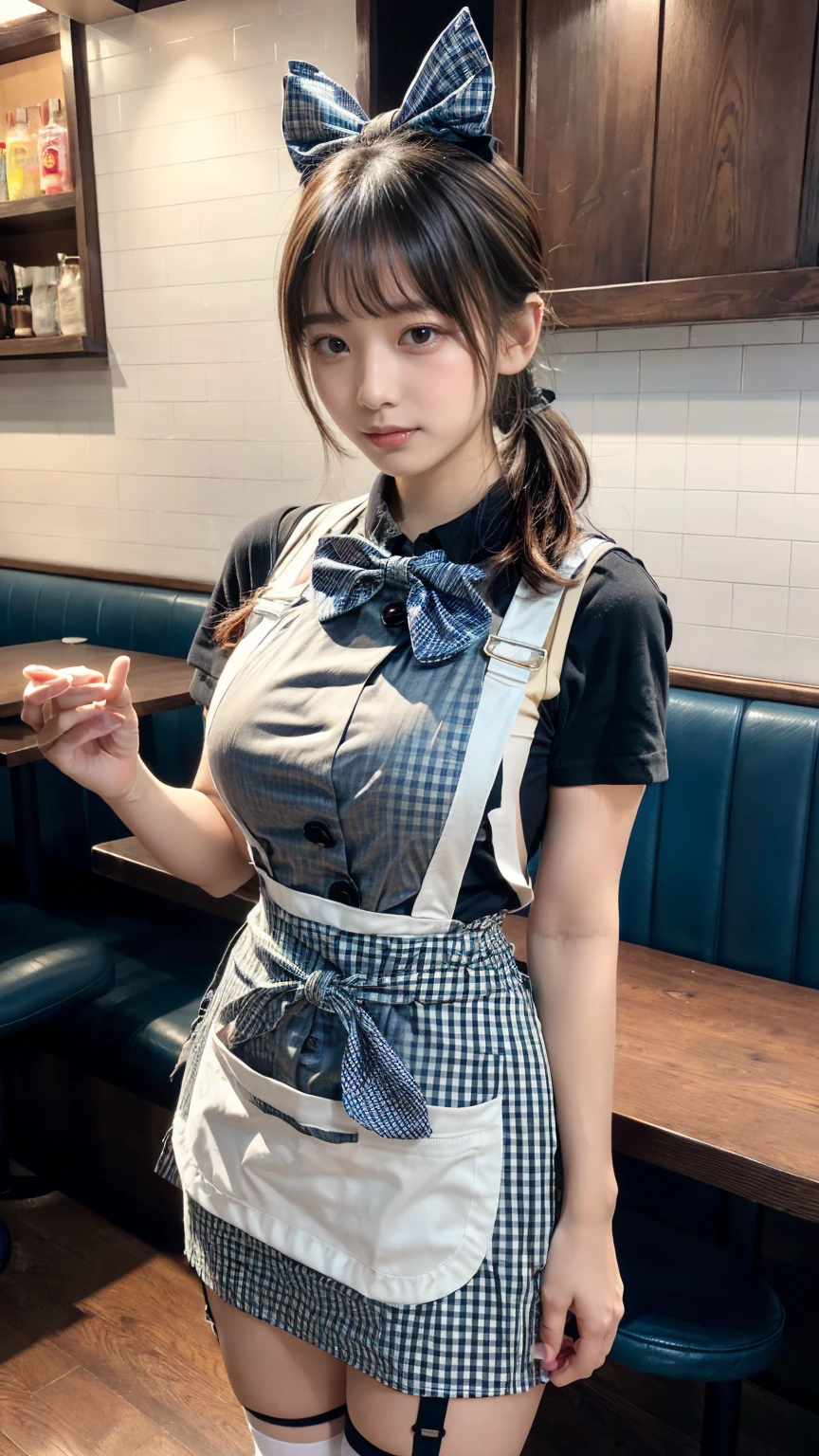 (8K, RAW Photos, Highest quality, masterpiece:1.2), masterpiece, super detailed, super high quality, (Realistic and photorealistic photography:1. 37), High-resolution RAW color photos, Very delicate and beautiful, highly detailed, 8k wallpaper, wonderful, detailed, Very eye, very detailed, very detailed skin, very thin fingers, very detailed nose, very detailed mouth, Perfect Anatomy, BREAK,18 year old girl, (low ponytail:1.3), Dark makeup, Big Natural Color Lip, (double-breasted,underbust:1.2), (Plumpy body:1.2), (smooth skin:1.1), dynamic pose, (breasts:1.2), BREAK, (gingham-check suspender-apron:1.3), (solid-blue high-waist skirt:1.3 (apron over skirt:1.2 (white blouse:1.3 short sleeves, button gap, (solid-blue bow-tie:1.2 BREAK, cafe, restaurant,