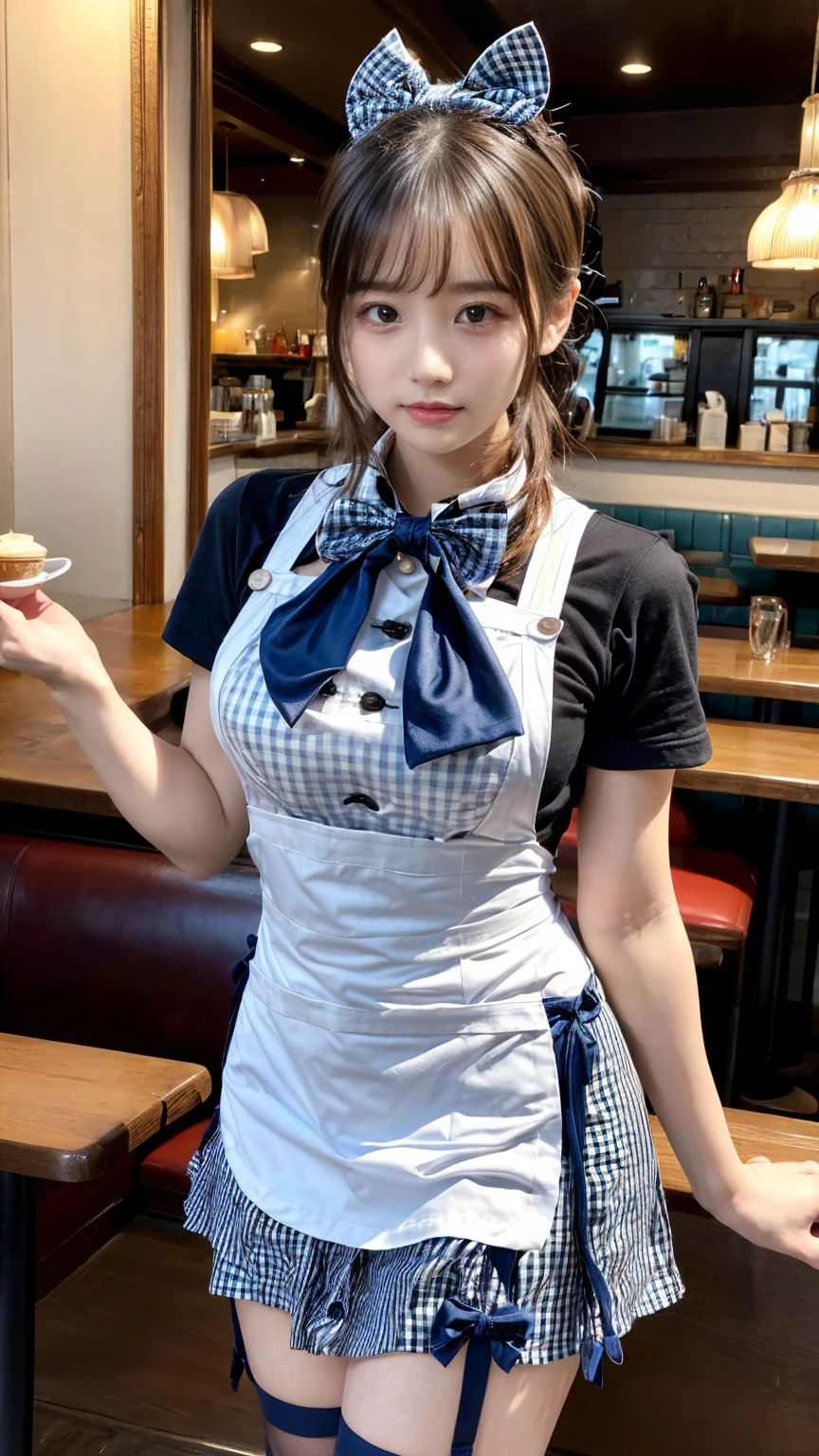 (8K, RAW Photos, Highest quality, masterpiece:1.2), masterpiece, super detailed, super high quality, (Realistic and photorealistic photography:1. 37), High-resolution RAW color photos, Very delicate and beautiful, highly detailed, 8k wallpaper, wonderful, detailed, Very eye, very detailed, very detailed skin, very thin fingers, very detailed nose, very detailed mouth, Perfect Anatomy, BREAK,18 year old girl, (low ponytail:1.3), Dark makeup, Big Natural Color Lip, (double-breasted,underbust:1.2), (Plumpy body:1.2), (smooth skin:1.1), dynamic pose, (breasts:1.2), BREAK, (gingham-check suspender-apron:1.3), (solid-blue high-waist skirt:1.3 (apron over skirt:1.2 (white blouse:1.3 short sleeves, button gap, (solid-blue bow-tie:1.2 BREAK, cafe, restaurant,