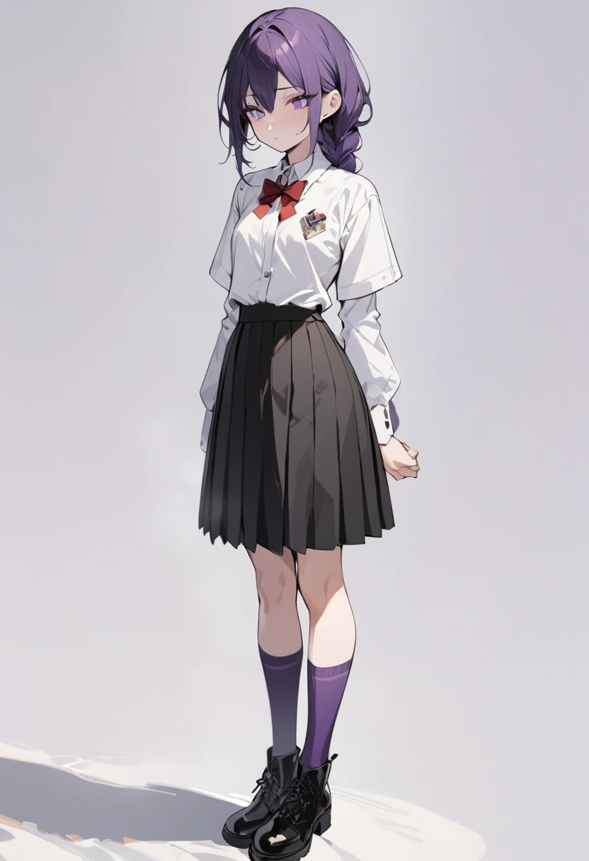 masterpiece, best quality, adult female, dark purple hair, very long single braid, bright purple eyes, white collared shirt with furisode sleeves, thin red bow tie with a diamond-shaped pin on the front of the bow under the collar, black high-waisted pleated skirt, dark purple high socks, black ankle boots, emotionless, calm, expressionless, simple white background, full body