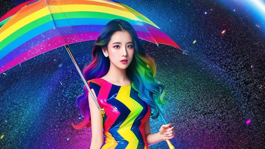 rainbow-colored dripping rain and the cosmic pattern on the dress. The female should be wearing high heels and holding a galaxy-themed umbrella. It's important that each individual color spectrum is clearly visible and that the female stands out against a vividly colored background.