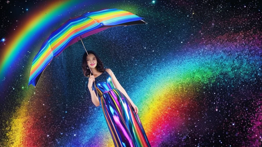 rainbow-colored dripping rain and the cosmic pattern on the dress. The female should be wearing high heels and holding a galaxy-themed umbrella. It's important that each individual color spectrum is clearly visible and that the female stands out against a vividly colored background.