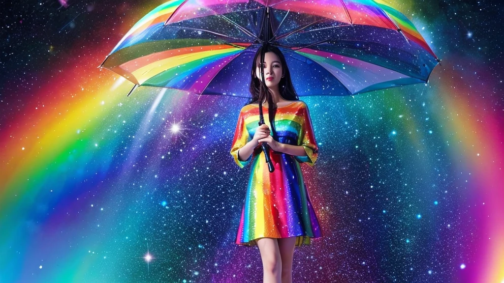 rainbow-colored dripping rain and the cosmic pattern on the dress. The female should be wearing high heels and holding a galaxy-themed umbrella. It's important that each individual color spectrum is clearly visible and that the female stands out against a vividly colored background.
