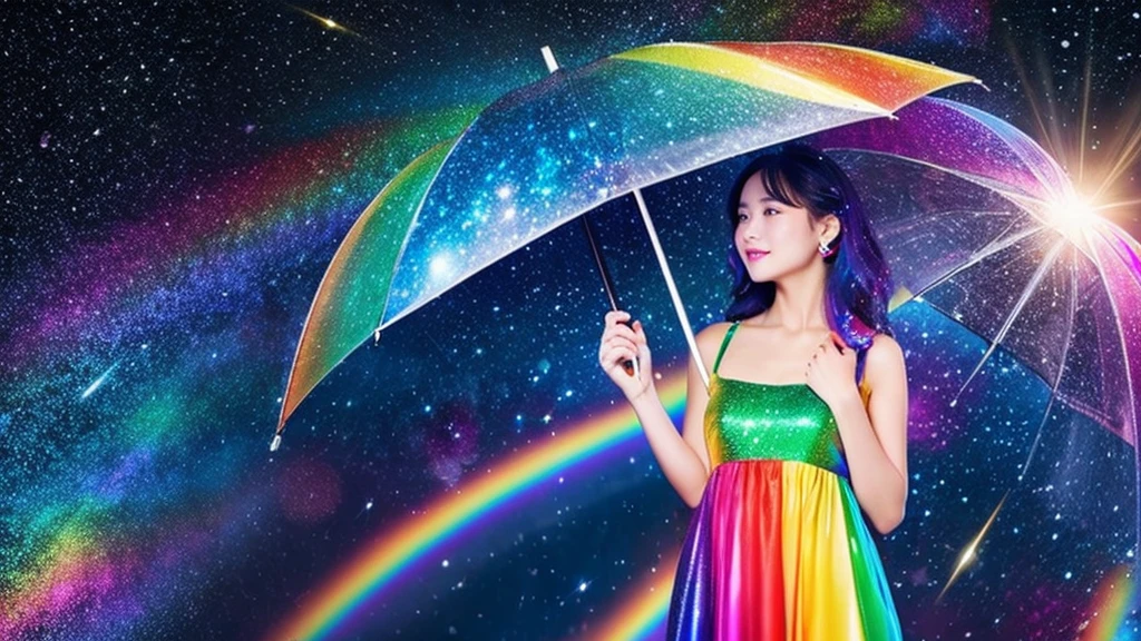 rainbow-colored dripping rain and the cosmic pattern on the dress. The female should be wearing high heels and holding a galaxy-themed umbrella. It's important that each individual color spectrum is clearly visible and that the female stands out against a vividly colored background.