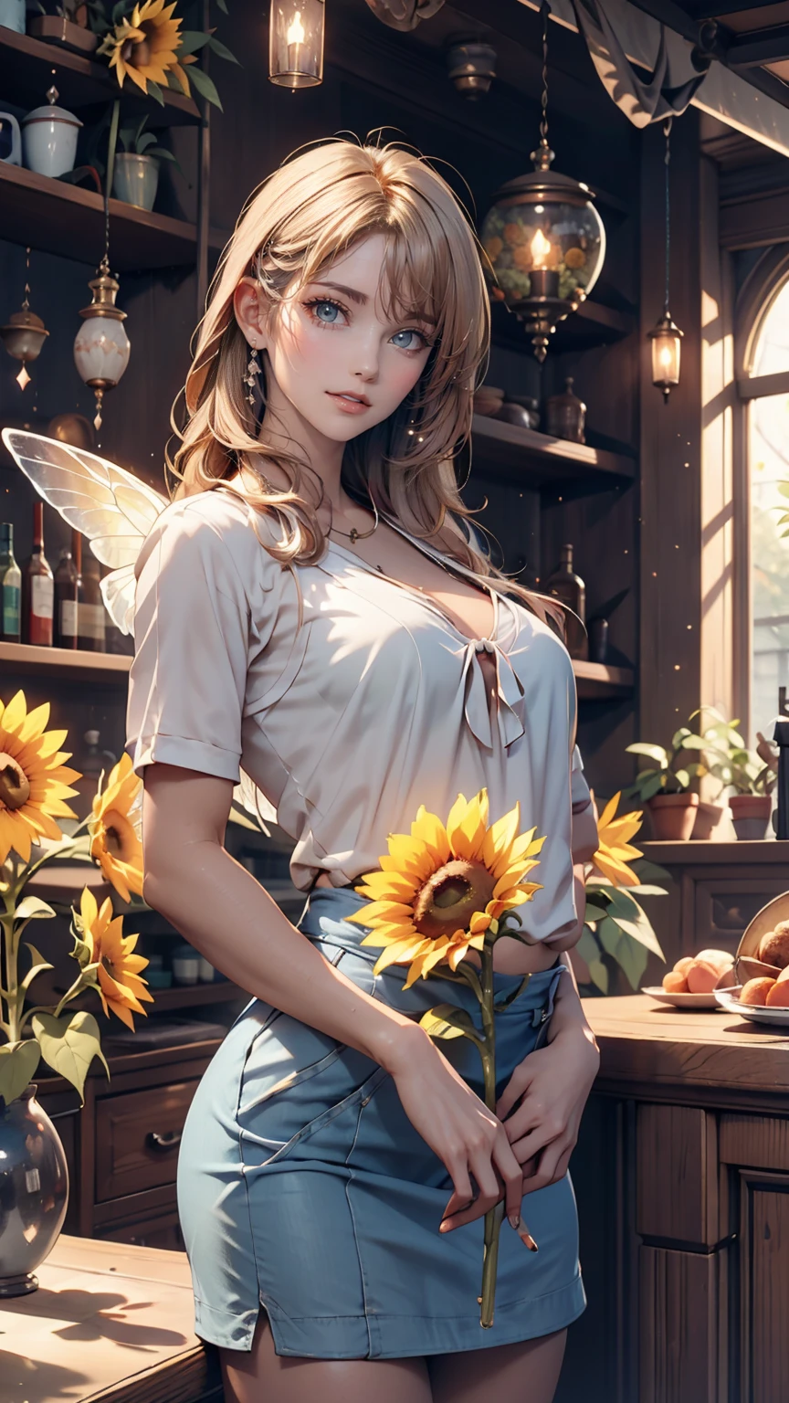 Attention to detail, Highest quality, 16K, born, [Most detailed], masterpiece, Highest quality, (Very detailed), Shining Rune_red, whole body, Ultra Wide Shot, Realistic, Fantasy art, RPG Art, d&D art, a picture of a fairy selling sunflower in a florist shop, Very beautiful fairy, Ultra-feminine (intense details, masterpiece, Highest quality), Butterfly Wings (intense details, masterpiece, Highest quality), Blue and green wings (intense details, masterpiece, Highest quality), Light pink hair, Long Hair, Shiny Hair, Flowing Hair, はにかんだsmile, 無邪気なsmile, blue eyes, Wearing a brightly colored skirt, Dynamic and elegant shirt, impact, Wearing high heels, In the florist (intense details, masterpiece, Highest quality), very many (sunflower: 1.3) (intense details, masterpiece, Highest quality), 現代の街並みにあるsunflower屋さん, High detail, super high quality, High resolution, 16K resolution, Ultra Hd Pictures, Ultra-realistic, Clear details, Realistic detail, Ultra High definition、24-year-old female、Sexy proportions、Sexy、adult、erotic、smile、Long eyelashes