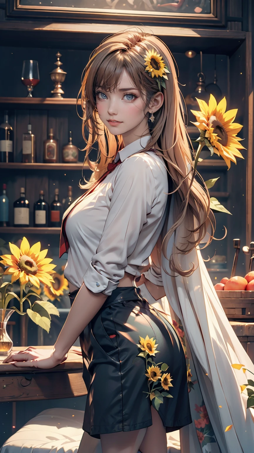 Attention to detail, Highest quality, 16K, born, [Most detailed], masterpiece, Highest quality, (Very detailed), Shining Rune_red, whole body, Ultra Wide Shot, Realistic, Fantasy art, RPG Art, d&D art, a picture of a fairy selling sunflower in a florist shop, Very beautiful fairy, Ultra-feminine (intense details, masterpiece, Highest quality), Butterfly Wings (intense details, masterpiece, Highest quality), Blue and green wings (intense details, masterpiece, Highest quality), Light pink hair, Long Hair, Shiny Hair, Flowing Hair, はにかんだsmile, 無邪気なsmile, blue eyes, Wearing a brightly colored skirt, Dynamic and elegant shirt, impact, Wearing high heels, In the florist (intense details, masterpiece, Highest quality), very many (sunflower: 1.3) (intense details, masterpiece, Highest quality), 現代の街並みにあるsunflower屋さん, High detail, super high quality, High resolution, 16K resolution, Ultra Hd Pictures, Ultra-realistic, Clear details, Realistic detail, Ultra High definition、24-year-old female、Sexy proportions、Sexy、adult、erotic、smile、Long eyelashes