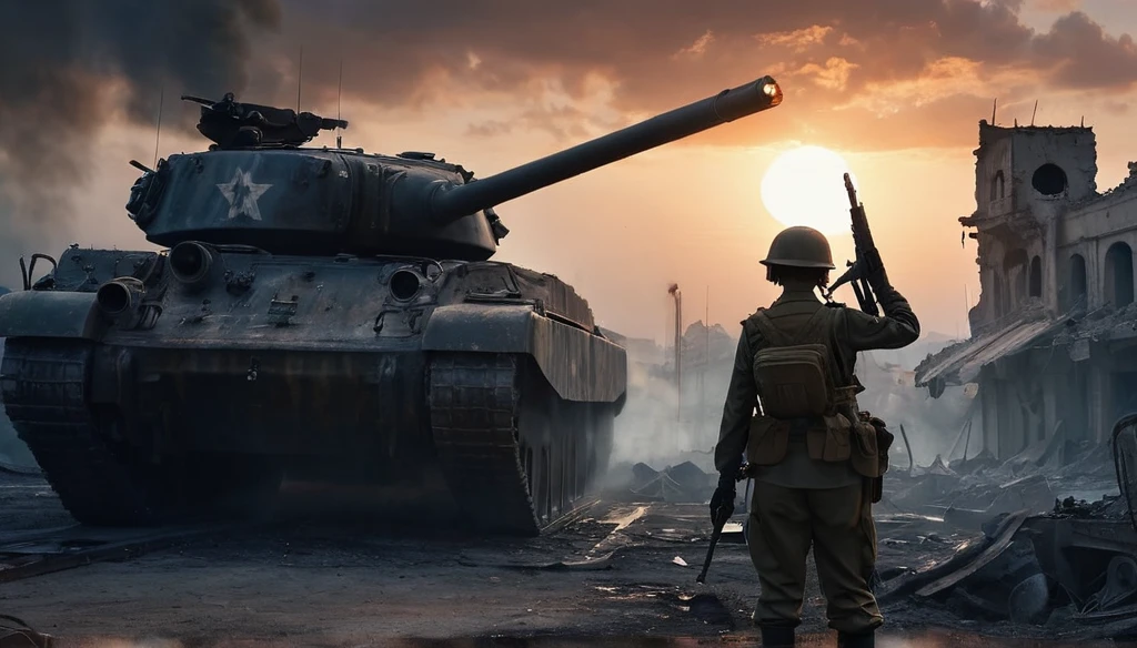 （A female soldier stands on the left and touches the tank gun barrel，Saying goodbye，Background is the ruins of the city，Under the sunset：1.5）painting masterpiece, Extremely detailed, Black White Dark Steel Dark Blue Black Light Brown Dark Brown White Light Orange Dark Red Dark Green, Dramatic Lighting, evening, High contrast, steam, FOG, Israeli soldiers fighting with tanks on the battlefield, Movie Lighting, Aspect ratio of 16:9, steam, 4K, professional ominous Concept Art, author：artgerm and greg rutkowski, complex, elegant, Highly detailed digital painting, Concept Art, Smooth, Clear focus, illustration, Simon Starenhagen&#39;s style, Wayne Barlow, 和 igor kieryluk., Acrylic painting, Popular in pixiv Fan Box, Palette knife and brush strokes, Makoto Shinkai&#39;s styleJamie WiseJames GirardEdward HopperGreg RutkowskiStudio GhibliGenshin Impact