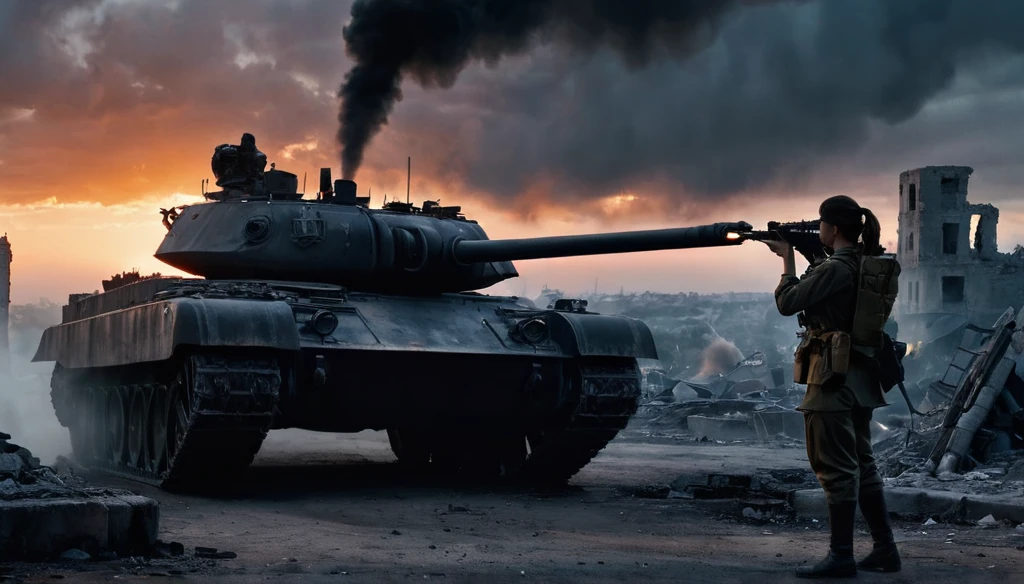 （A female soldier stands on the left and touches the tank gun barrel，Saying goodbye，Background is the ruins of the city，Under the sunset：1.5）painting masterpiece, Extremely detailed, Black White Dark Steel Dark Blue Black Light Brown Dark Brown White Light Orange Dark Red Dark Green, Dramatic Lighting, evening, High contrast, steam, FOG, Israeli soldiers fighting with tanks on the battlefield, Movie Lighting, Aspect ratio of 16:9, steam, 4K, professional ominous Concept Art, author：artgerm and greg rutkowski, complex, elegant, Highly detailed digital painting, Concept Art, Smooth, Clear focus, illustration, Simon Starenhagen&#39;s style, Wayne Barlow, 和 igor kieryluk., Acrylic painting, Popular in pixiv Fan Box, Palette knife and brush strokes, Makoto Shinkai&#39;s styleJamie WiseJames GirardEdward HopperGreg RutkowskiStudio GhibliGenshin Impact