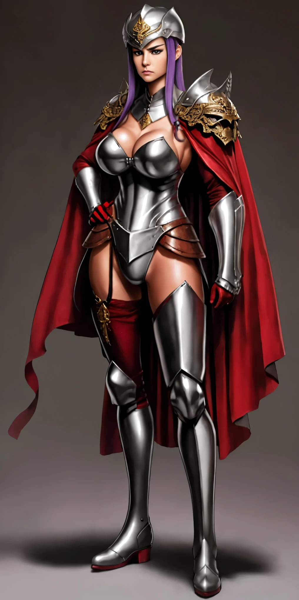 Character: Gender: Female Age: Mature (combines "veteran warrior" and "milf") Body type: Strong and athletic Skin: Very purple Hair: (details missing from prompt, can be added later) Attire: Armor: Full body, heavy armor (preferably red accents) Clothing: Red cape Adventurer's outfit (suggests practicality and readiness for exploration) Brown leather boots Pose: Full body standing Straight posture Symmetrical (implies a confident and imposing stance) Additional Notes: Avoid overly sexualized terms ("bimbo") Consider replacing "milf" with a descriptor that emphasizes experience, like "seasoned warrior" Optional details you can add: Hair color and style (e.g., long flowing braid, short and practical) Specific details about the armor (e.g., decorated breastplate, ornate helmet) Facial expression (e.g., determined, stoic)